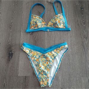 Floral Bikini Set with Blue Trim - Small